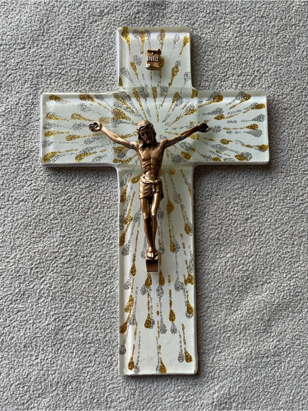 7” Silver and Gold On White Glass Cross With Pewter Corpus